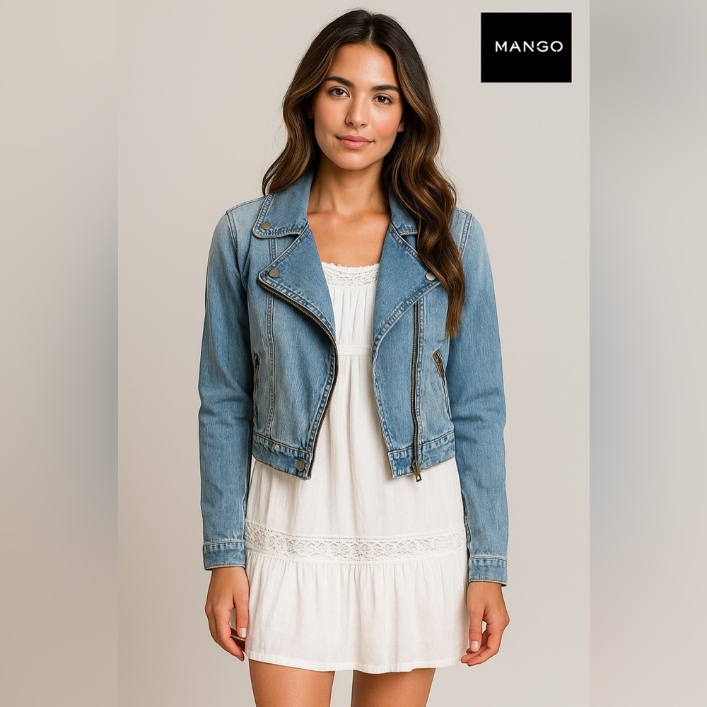 Mango Vintage Denim Cropped Moto Jacket
